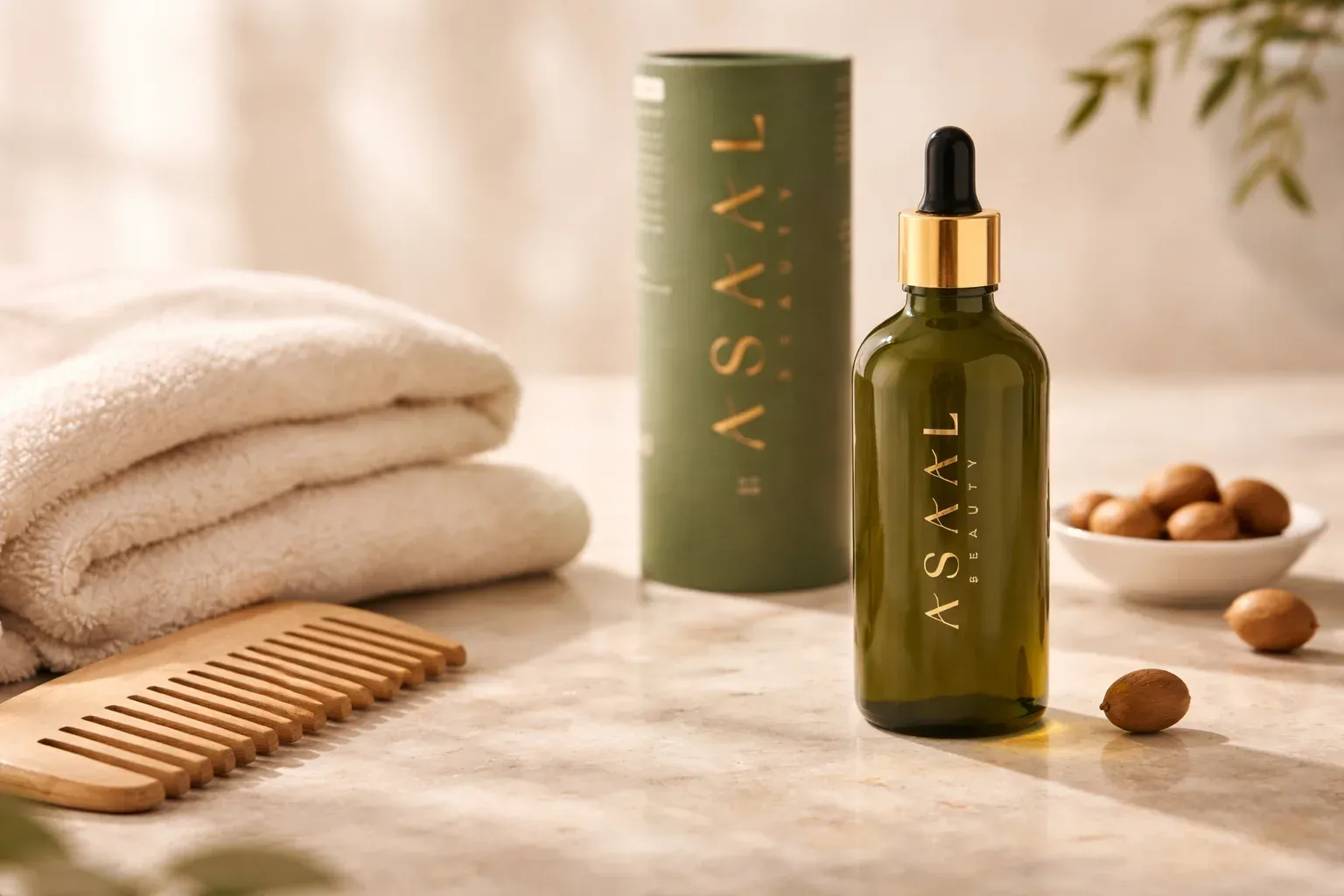 زجاجة زيت الأرغان من آصال بيوتي مع العبوة ومشط خشبي ومنشفة فاتحة وحبات أرغان في مشهد أفقي أنيق يعبر عن العناية بالشعر الجاف