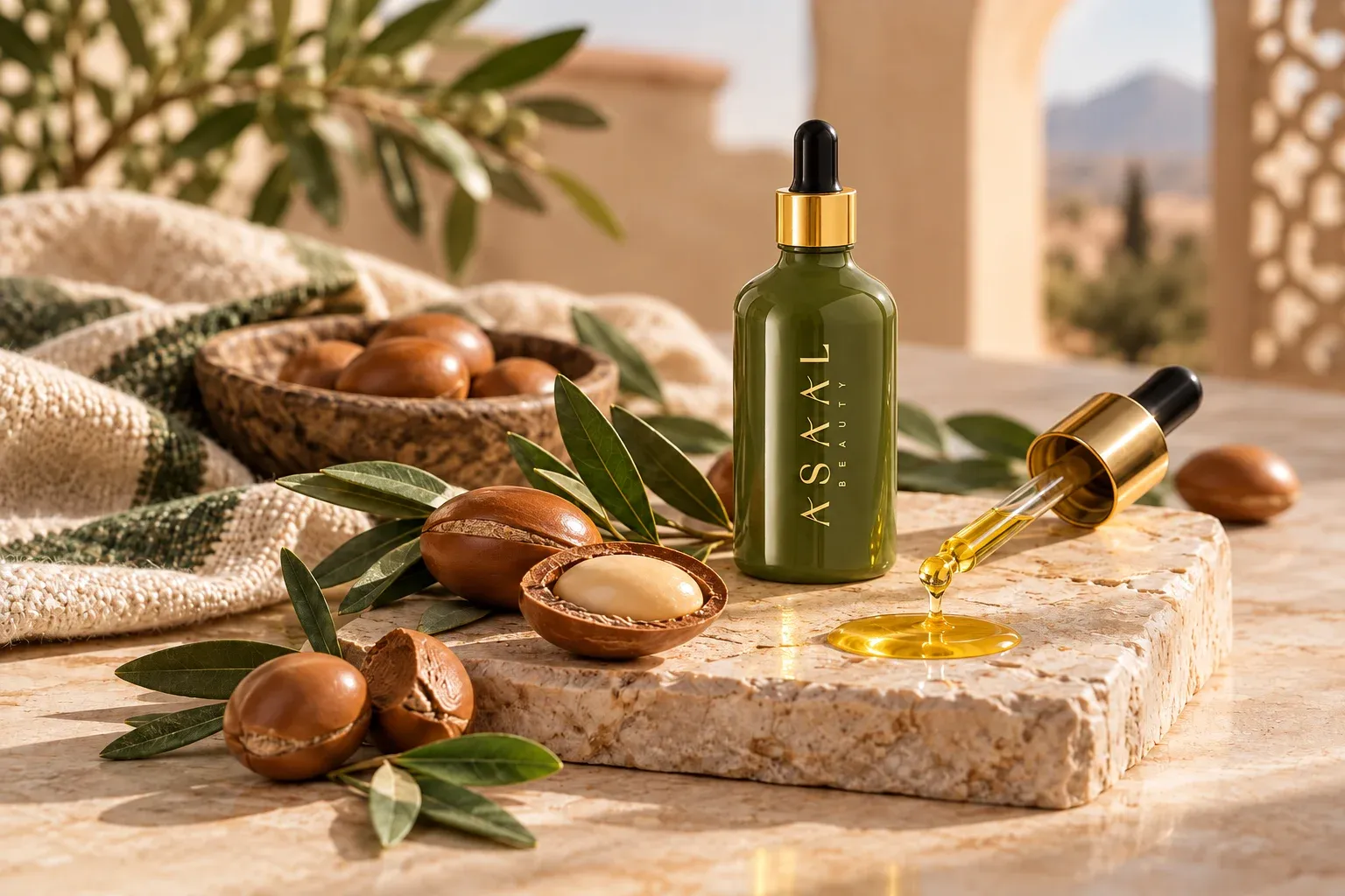 Asaal Beauty organic Moroccan argan oil olive-green bottle with a golden dropper and argan kernels on a warm stone setting