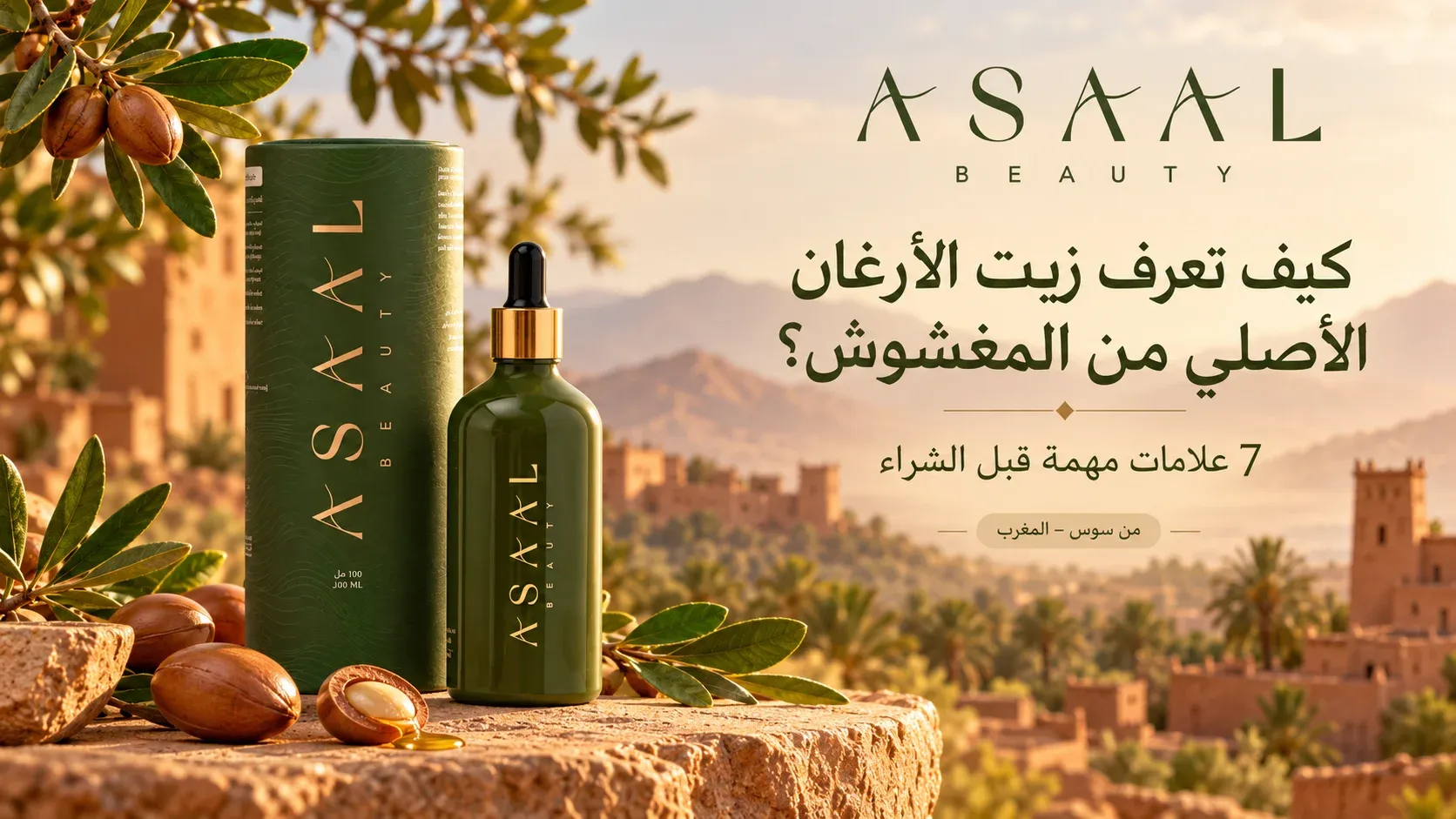 Asaal Beauty organic Moroccan argan oil green 100 ml bottle beside its original packaging and argan nuts with a Souss Morocco landscape and an Arabic guide headline