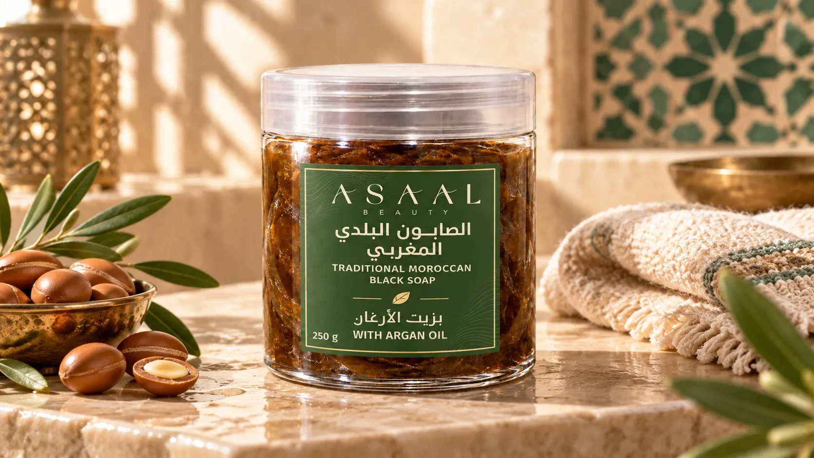 Asaal Beauty Moroccan black soap with argan oil in its 250 g transparent jar with green label, styled in a Moroccan hammam with argan nuts, olives and a towel
